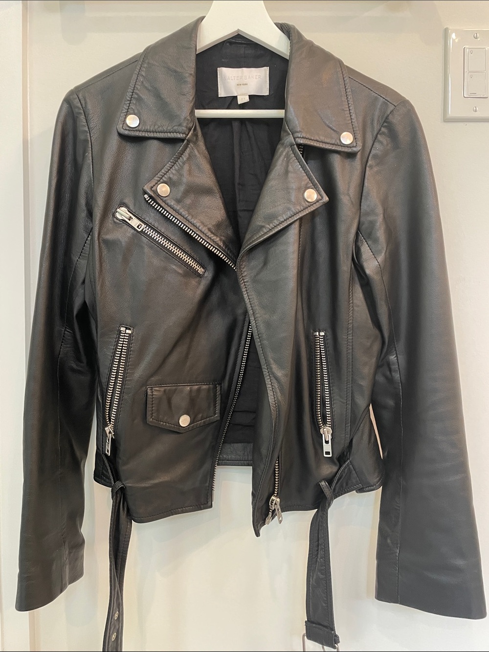 Black Label Black Leather Moto Biker Jacket with Silver Hardware
